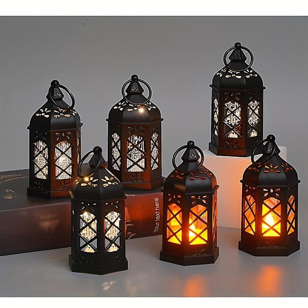 Europeisk Ramadan-lampa marockansk stil mini plast hexagonal vindlampa LED elektroniskt stearinljus semesterdekoration jul halloween ponnylykta R