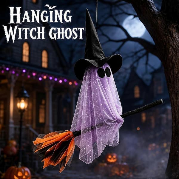 Halloween Hængende Heksespøgelse med Kost i Net til Udendørs Dekoration White Net fabric style