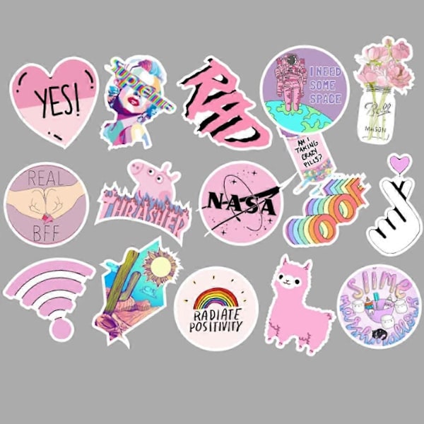 Söta Laptopdekaler för Flickor, Snygga Rosa Vattenflaskedekaler, 53-pack Vinyl, Skateboard, Dator, Resväska, Gitarr, Snowboard