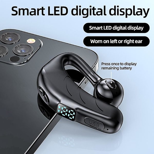 Bluetooth 5.2-headset - Trådlöst affärsheadset med öronkrok, LED-display, handsfree-telefonheadset med mikrofon för bilkörning och möten