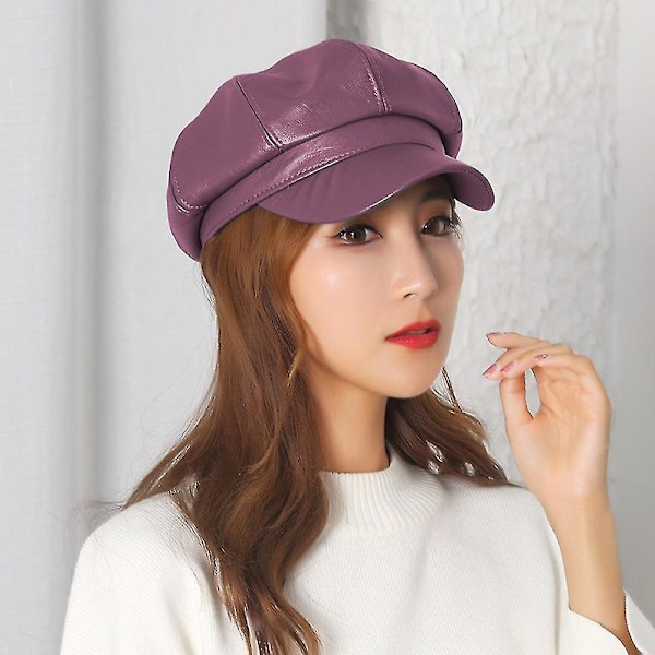 Pu Läder Cab Målarens Hatt Gatsby Ivy Beret（lila）
