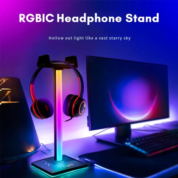RGB hörlursställ, hörlursställ med 7 ljuslägen, löstagbart hörlursställ för bordsspel Headsetställ med dubbla USB -portar