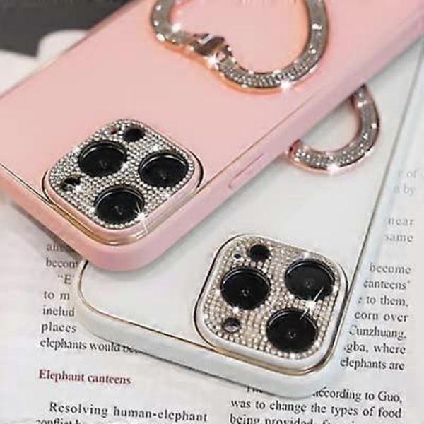 Kompatibel med iPhone 12 Pro Max Skal för Flickor Kvinna Söt Glitter Strass Plätering Skal Hjärta Vikbart Stativ Hållare Hård PC Bak Slätt TPU B