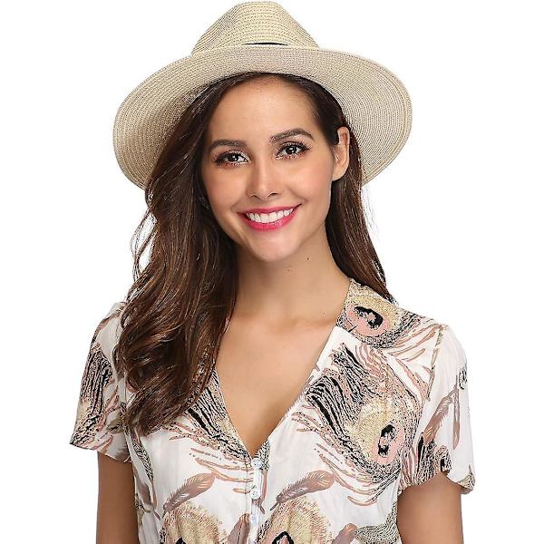 Dame Bredskygget Halm Panama Roll Up Hat Strand Solhat Upf50+（01-khaki）