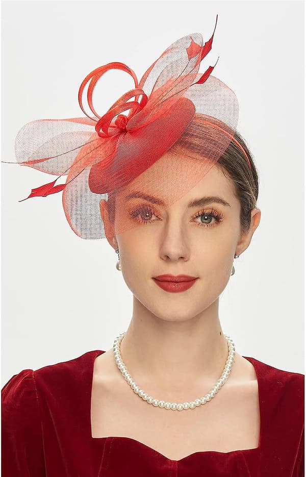 Fascinator Hat Med Blomsterfjær Hodebånd For Kvinner Mesh Fjær Hårklips (Rød)