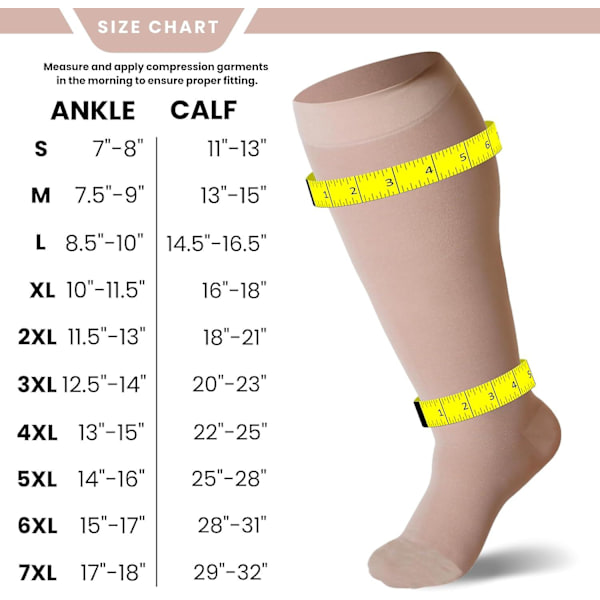 Kompresjonsstrømper - Plus Size - 20-30 mmHg - Unisex - Ekstra bred legg - Kne-høye - Ugjennomsiktig, lukket tå - Beige/3X-Large