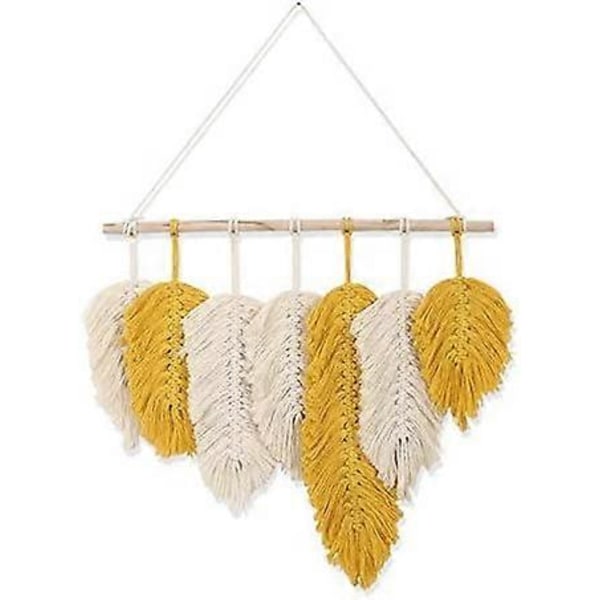 Handgjord Macrame Väggbonad Fjäder Boho Väggdekor Gul Chic Vävd Blad Tofsar Dekoration Bomullsdekorationer Gobeläng Rum Dekoration För Sovrum Liv