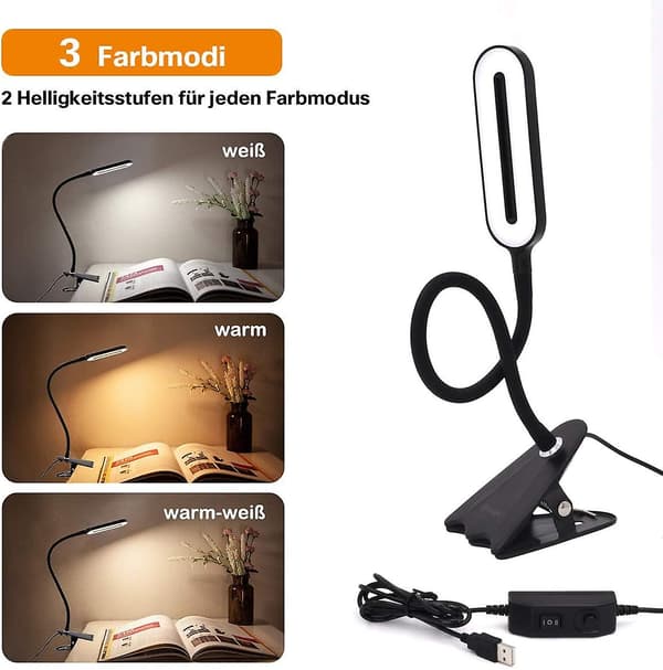 Led-klemmelampe som læselampe, makeup-lys, bordlampe, 3 farvetemperaturer