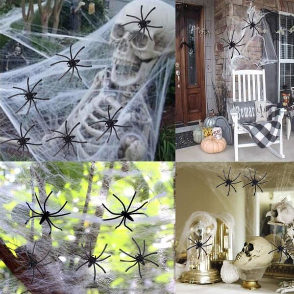 Halloweenpynt - Strækbar Spindelvæv 60g - 30 Falske Edderkopper