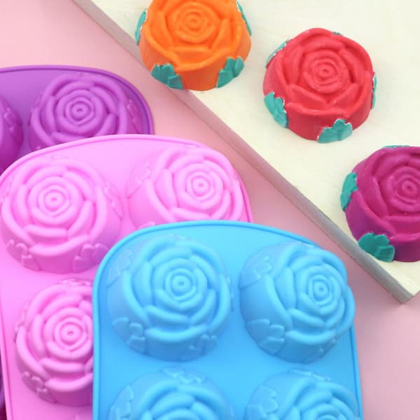 Kageform Fleksibel Non-stick Rose Blomsterform Silikoneform 6 Gitre Chokolade Geléform til Hjemmet (Pink)