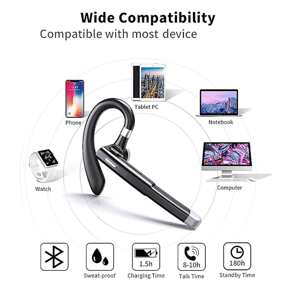 Trådlöst Bluetooth-headset Hands Free Single Ear Hörlurar Brusreducerande Mikrofon för Kontor/D（Svart）