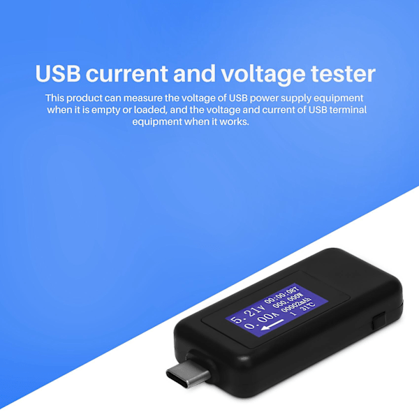 KEWEISI Type-C USB-måler Tester Strømmåler USB Multimeter Spenning og Strømmåler 0-5.1A 4-30V（Svart）
