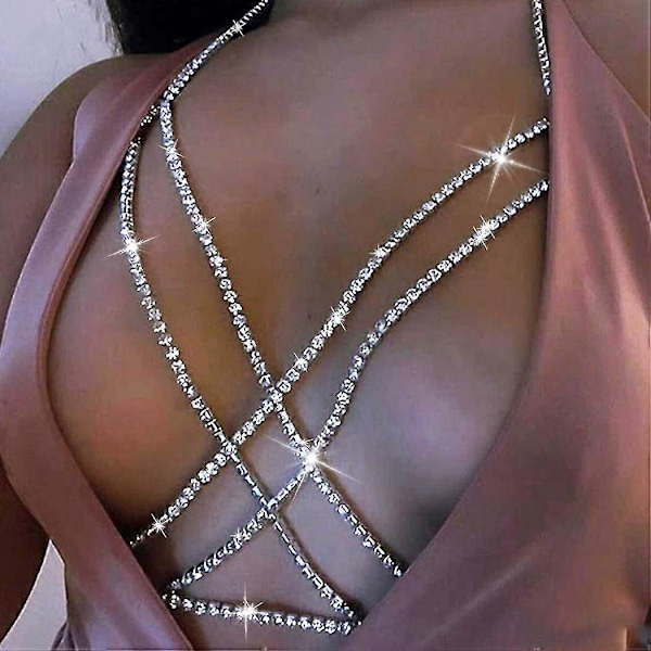 kroppskedja i kristall, bikini kroppskedjor nattklubb bröstkedja mode kroppsmycken för kvinnor och flickor (silver)