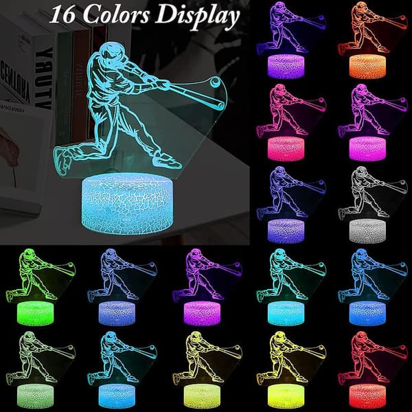 3D Baseball Player Nattlys, LED-illusjonslamper med fjernkontroll og USB-kabel