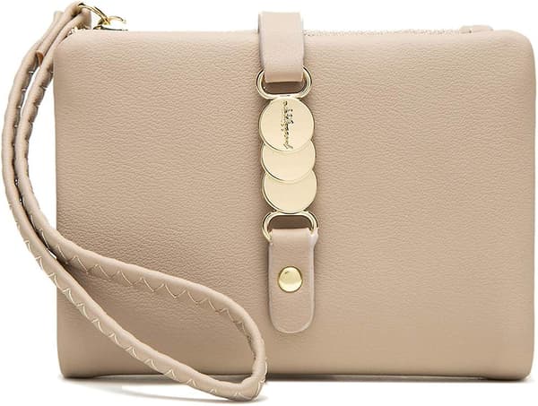Beige Damplånböcker Små Rfid Bifold Handledsväska, Dam Myntbörsar, Handrem Myntbörs