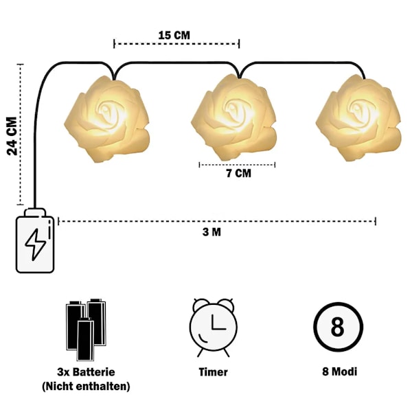 6m 40LED rosen lyskæde, vandtæt indendørs udendørs julebryllupsfest havedekoration, flash batteri