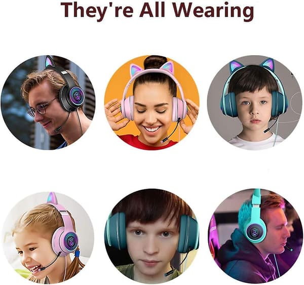 Gaming-headset med katteører og mikrofon, der blinker og lyser - Pink