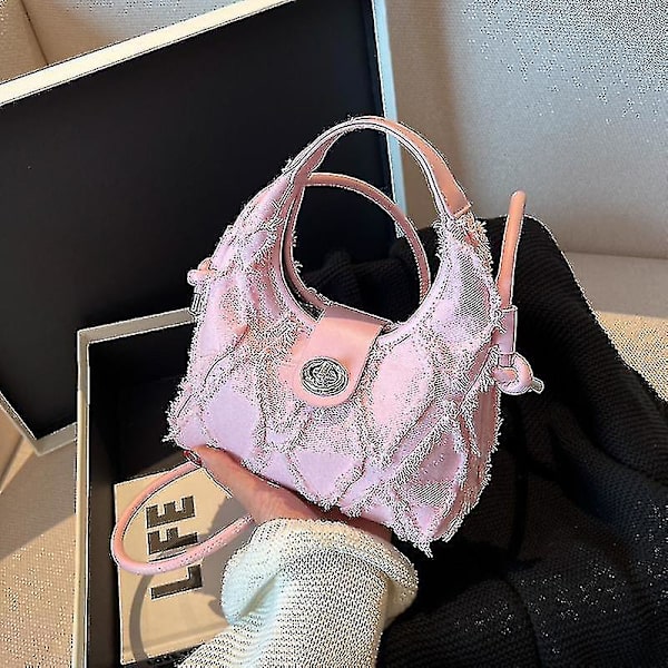 Handväska, dam denim handväska mode axelväska Argyle plånbok crossbody väska（Rosa）
