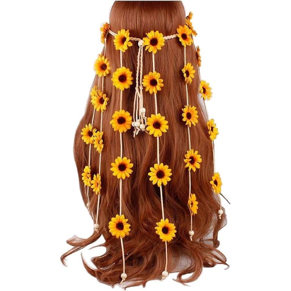 Solros Pannband Hippie Pannband Flower Crown, Solros Pärlor Justerbar Flower Pannband Pannband Pannband Party Dekoration Cosplay Kostym