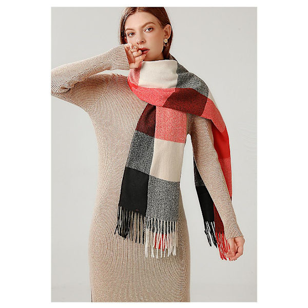 Dam Scarves Vinter Lång Mjuk Varm Tartan Check Wraps Ull Spinning Tassel Sjal Stole Scarf Damer, Röd