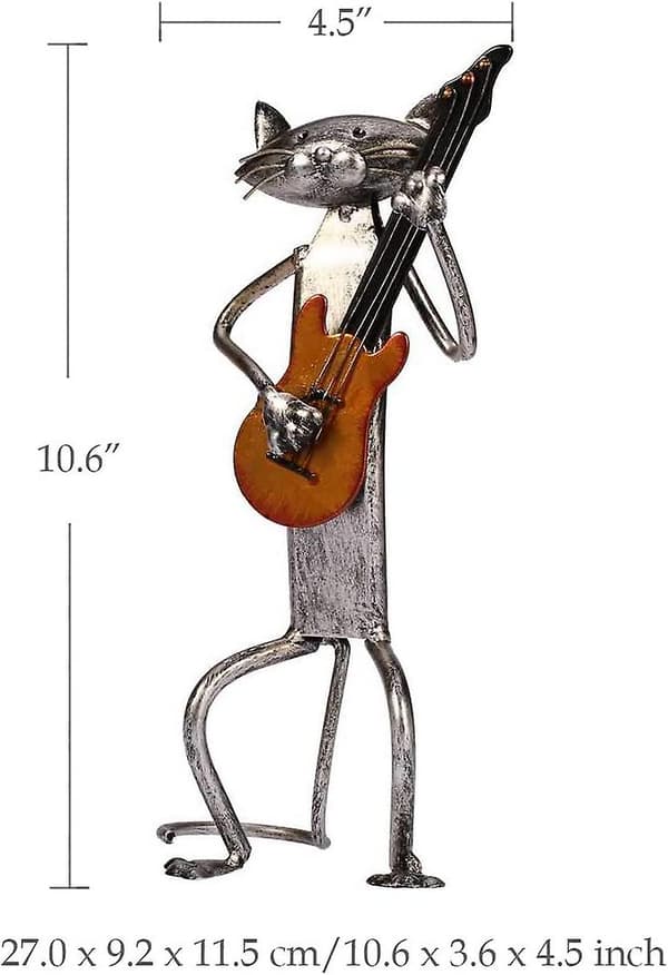 Katt Metallskulptur, Dekorativa Statyer, Katt Metallskulptur Spelar Gitarr