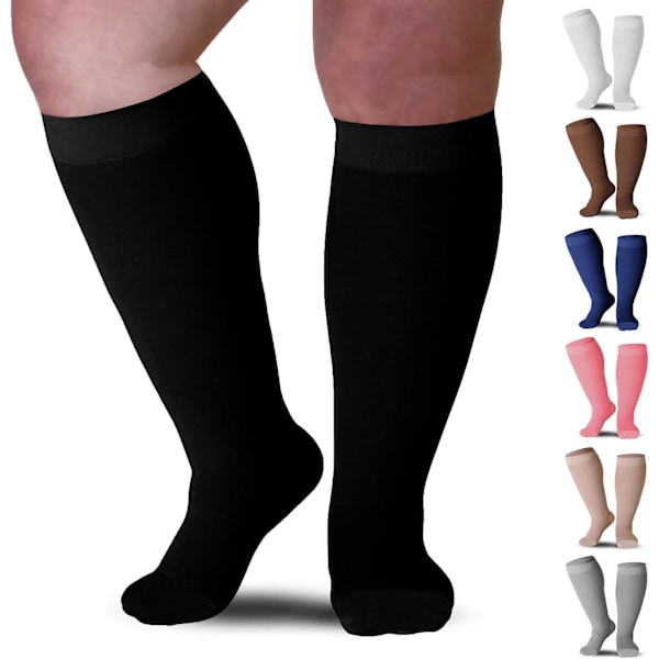 Kompressionsstrumpor - Plus Size - 20-30 mmHg - Unisex - Extra Wide Calf Knee HI - Opaque, Closed Toe - Svart/4X-Large