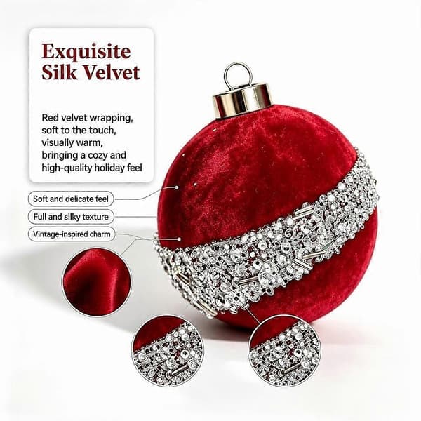 Fløjlsjulekugle - Julepynt i rød, grøn og sølvglimmer, brudsikker Red