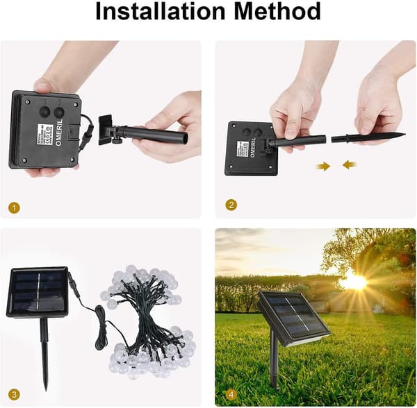 Solcellelyskjede, Feilys 50 Led Krystallkuler Ip65 Vanntett, 8 Moduser Dekorative