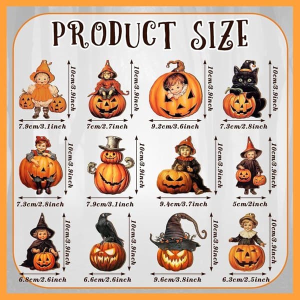 Halloweenpynt - Sæt med 36 - Vintage Stil - 12 Designs - 5-9,6 cm - Til ophæng