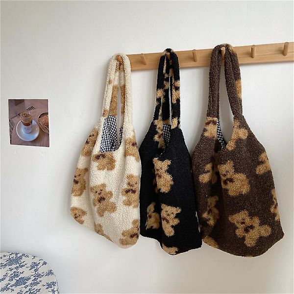 Kvinnor Lammliknande tyg axelväska Canvas fluffig päls björn handväska stor kapacitet mjuk shoppingväska flickor söt skolväska, 1 st-brun