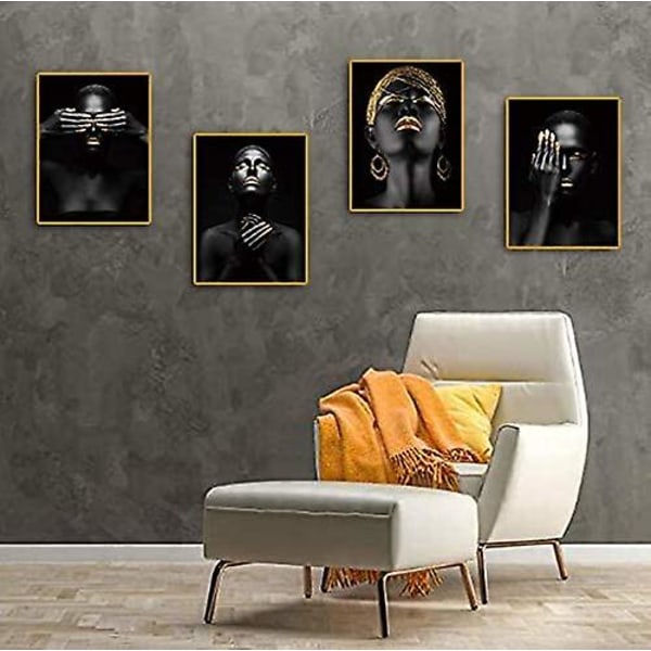 Afrikansk amerikansk vægkunstmaleri Sort kvinde mode pop guld øreringe Halskæde sort sæt på 4 (8x10 lærredsbillede) Smuk pigeværelse