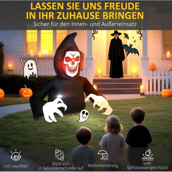 Sensenmann LED oppustelig Halloween-dekoration med blæser til haven, lavet af sort polyester, 190 × 115 × 180 cm
