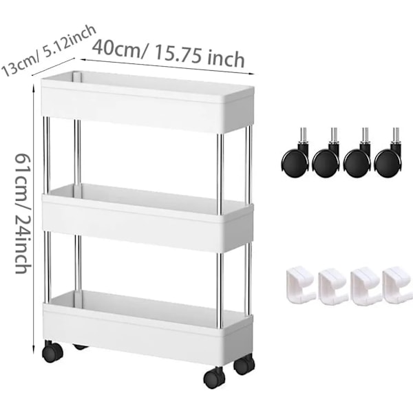 Tarjoiluvaunu keittiövaunu 3 tasolla, vaunupyörät 4 koukun kanssa, 12,5x42x62cm