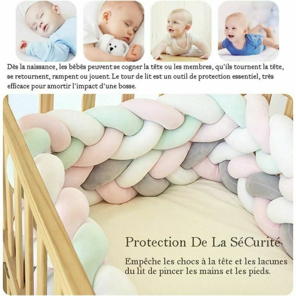 Babyseng bumper - 3 vævede babypuder flettet slangebumper fløjl krybbebeskytter bumper nyfødt børneværelsesdekoration med hvid – 1,5 m