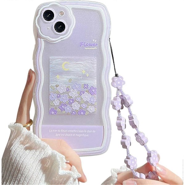 Kompatibel med iPhone 13 Skal med Söt Lila Blomma Blommönster Design Estetisk Kvinnor Tonåringar Flickor Blomma Objektivskydd Skal för iPhone 13 +Kedja