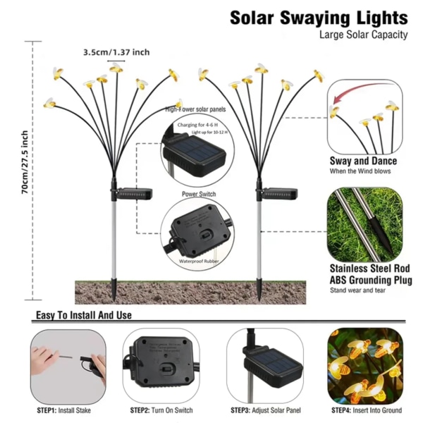 2 st solcellslampa med 8 bin solar ljus utomhus trädgårdslampa solar ljus varmvit LED bi ljuskedja trädgård dekoration gård