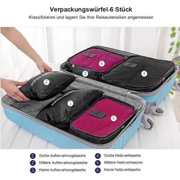 Packningskub Resväska Organizer Set om 6 för Ryggsäck och Resväska, 3 Packningskuber och 3 Förvaringspåsar, Reseklädväskor (Svart)