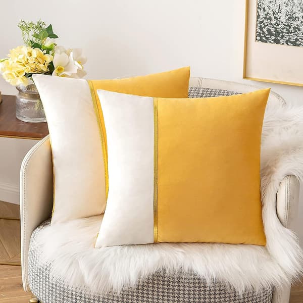 2-pack Höstdekorativa Sammetskuddfodral Patchwork med Guldläder Kvadrat Mjuk Solid Kuddfodral Soffa Kuddar Kuddfodral för Säng