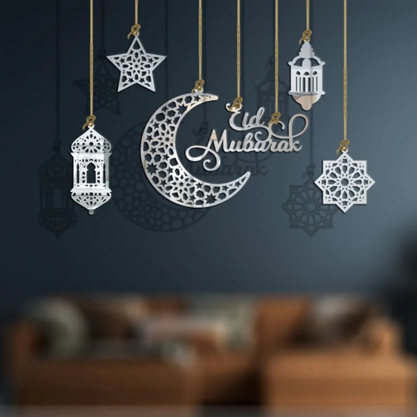 6 st hänge prydnader Ramadan dekorationer, halvmåne stjärnlampa hänge prydnadsföremål lämplig för Ramadan Eid Mubarak dekoration (silver)