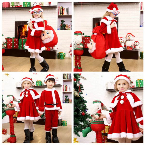 Set med 3 juldräkter, jultomtekostym, juldräkter för flickor i flanell för barn, 110cm