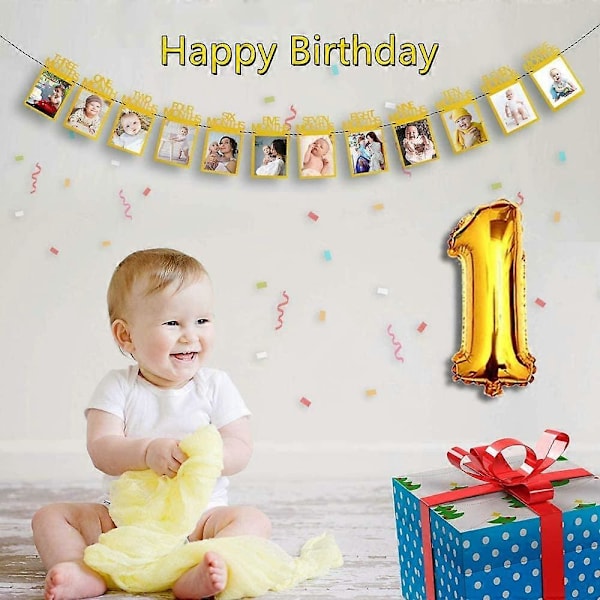 Dekoration för trädgården 1 årsdag Fotobanner för nyfödda till 12 månader, Flicka Pojke Första födelsedagsfest Dekoration, Månadsvis Girlang (Gå