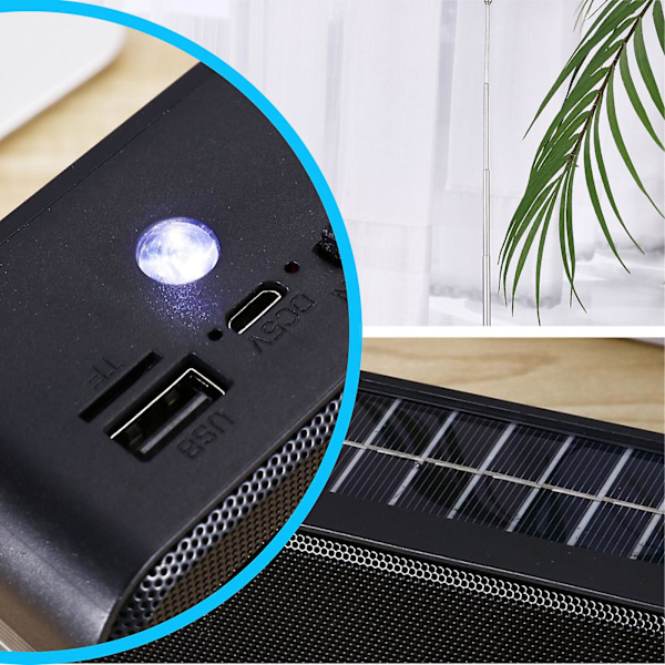 Ulkoinen langaton Bluetooth-aurinkojärjestelmä radiolla, pistokkeella, USB-asemalla, kannettava ja taskulamppu（Musta）