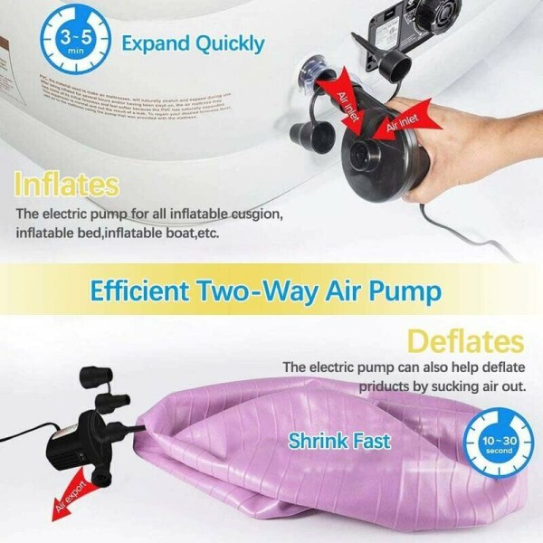 Elektrisk luftpump, elektrisk pump för hem och bil, 2-i-1 elektrisk pump för uppblåsning och tömning med 3 luftmunstycken