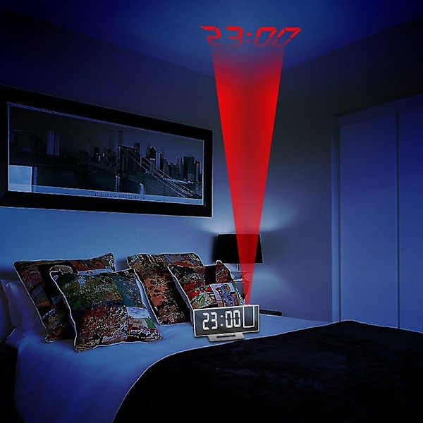 LED-väckarklocka med digital projektionsklocka, vägg- och takklocka med tids- och temperaturvisning, bakgrundsbelysning och snooze-funktion