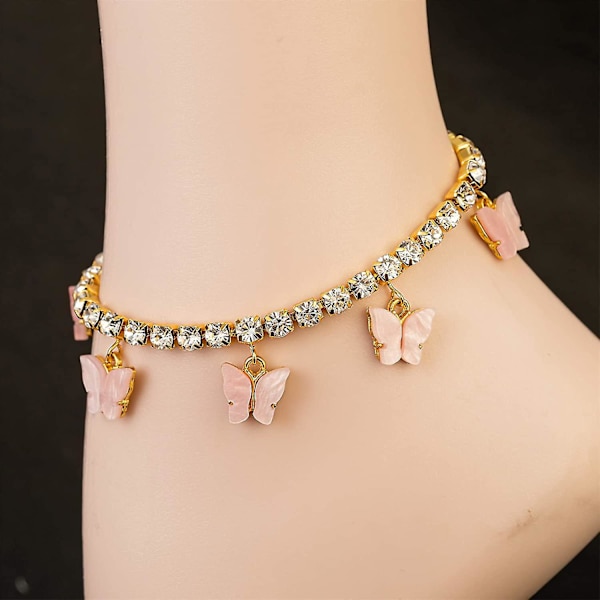Sommerfugl Ankelkæde Til Kvinder Teenagere Piger, 18k Guld / Hvidguld Belagt Rhinestone Indlæg Kæde Tennis Ankel Armbånd Med Forlængelse Guld-Pink