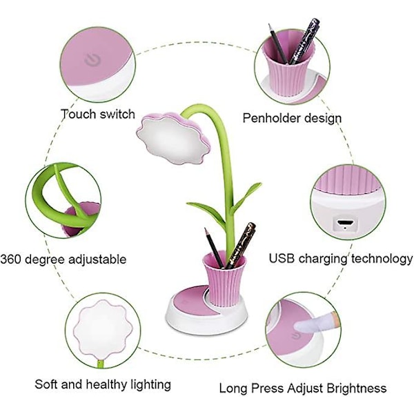 Dww-(Pink) Børnebordlampe, USB Genopladelig Bordlampe, Sengelampe til Kontor Soveværelse
