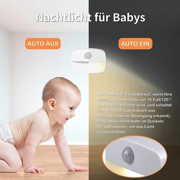 Led nattlys med bevegelsessensor, 8 nattlys, trappelys med batteri