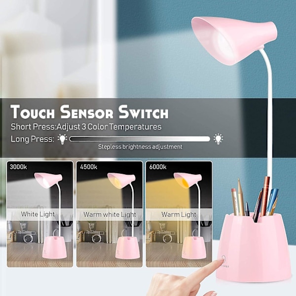 Dimbar LED-skrivbordslampa - 24 LED-lampor - Ögonvänlig 3 ljusstyrkenivåer - USB-laddningsbar - Pekswitch - Skrivbordslampa för barn - Läsning, studier - Rosa
