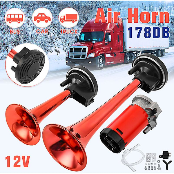 12V 178dB Super Høj Luft Horn Trompet Kompressor til Bil Lastbil Båd Tog (Rød, Luft Horn Trompet Kit) Cisea