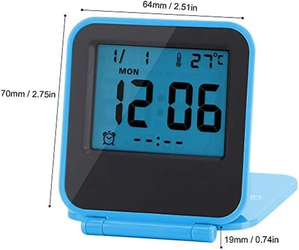 Mini digital väckarklocka vikbar multifunktionell bärbar LED morgonväckarklocka med kalender temperatur datum veckodag (blå) batteri ingår ej